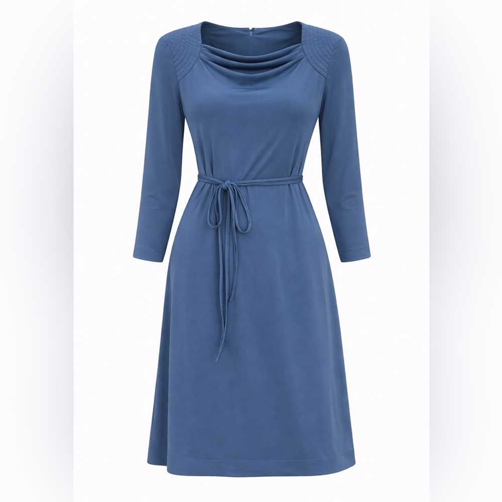 Vintage Umba for Davies Feinstein Blue Draped Midi Dress Stretch Belted